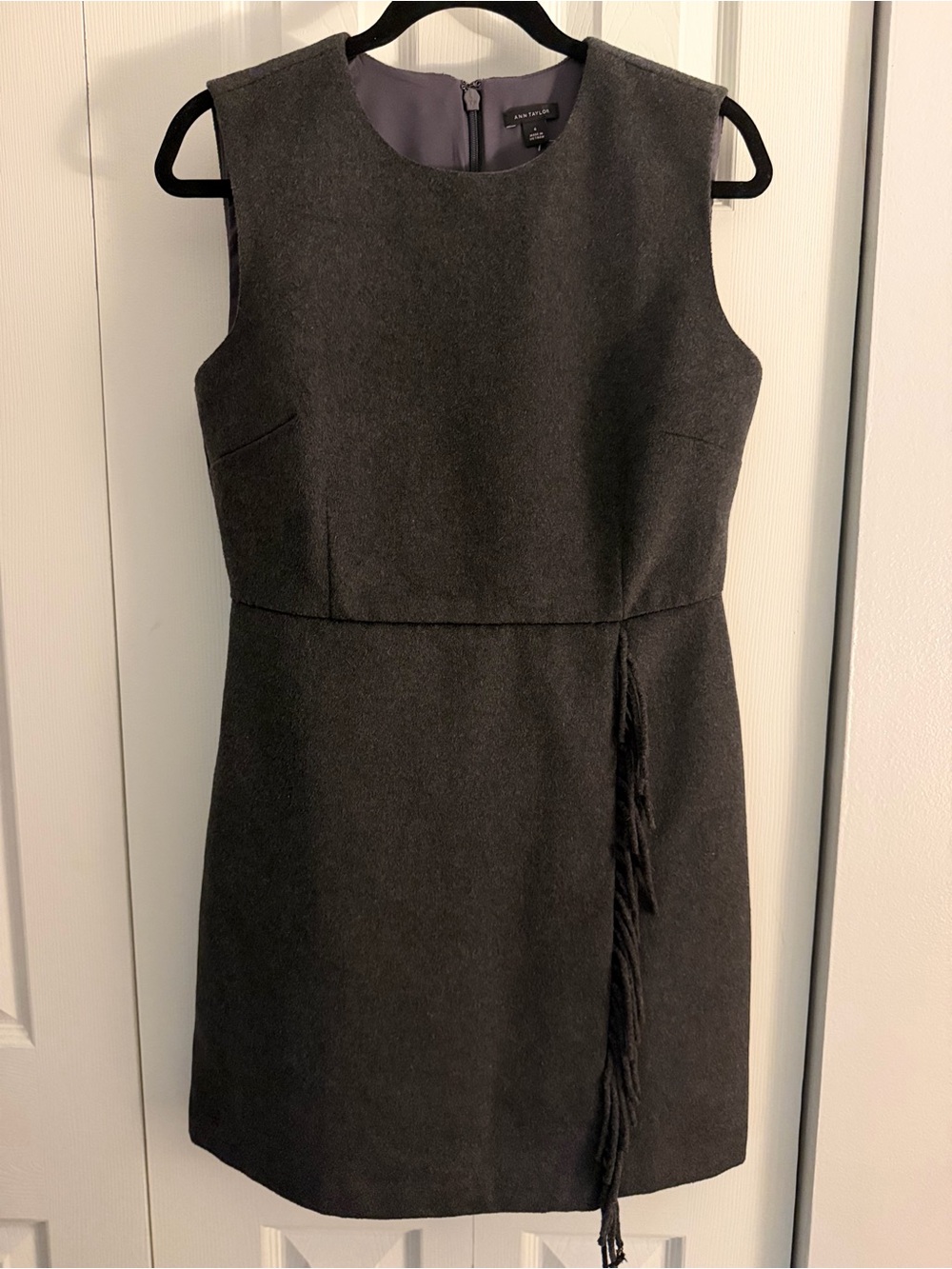 Ann Taylor | Wool-Blend Charcoal Gray Fringed Faux-Wrap Sheath Dress | 6 | NWT